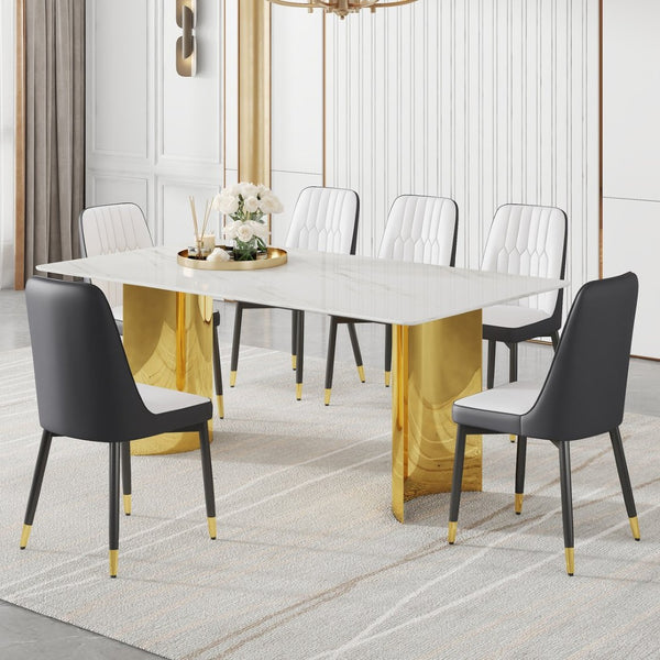 English Elm Table And Chair Set - Modern Glass Top With Imitation Marble And Gold Legs, 6 Stylish Pu Chairs W1151S04357-GIGA