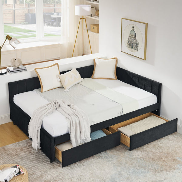English Elm Full Size Upholstered Tufted Daybed Frame With Storage Drawers, Plush Velvet In Elegant Black Finish W1413S00088