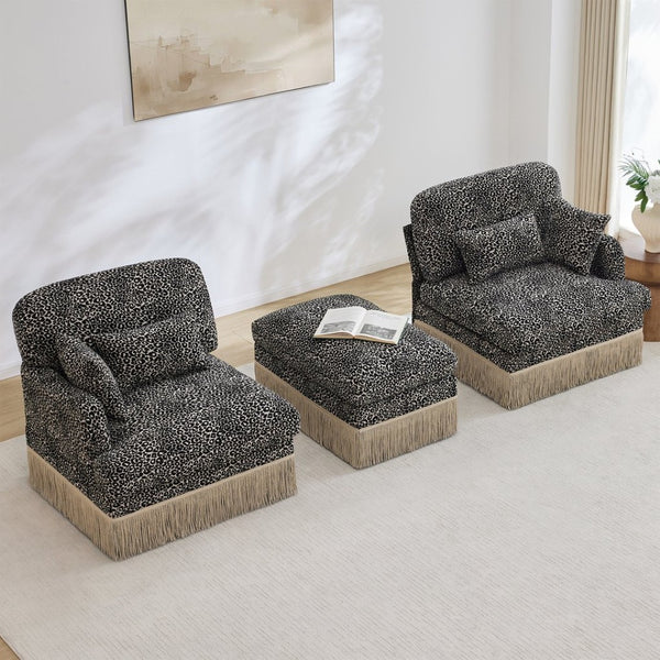 English Elm Comfy Chenille Leopard Print Loveseat with Tassel Trim Movable Ottoman Living Room Khaki W5656S00020