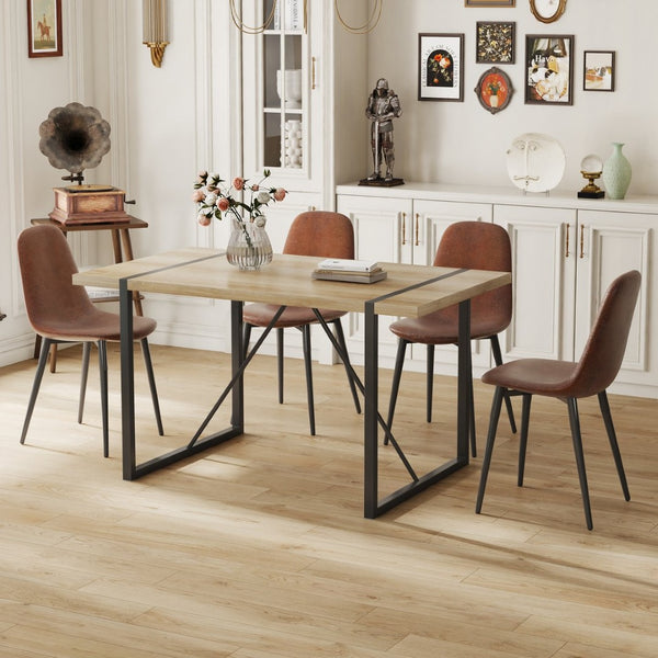 English Elm Table Set With Modern Medieval Style - 4 Upholstered Brown Chairs & Black Metal Legs For Comfort W1151S04212-GIGA