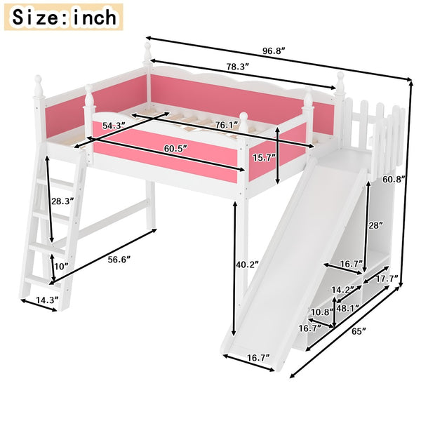 English Elm Twin Loft Bed Solid Pine Frame with Wardrobe Shelving Detachable Slide Kids Room W5305S00021