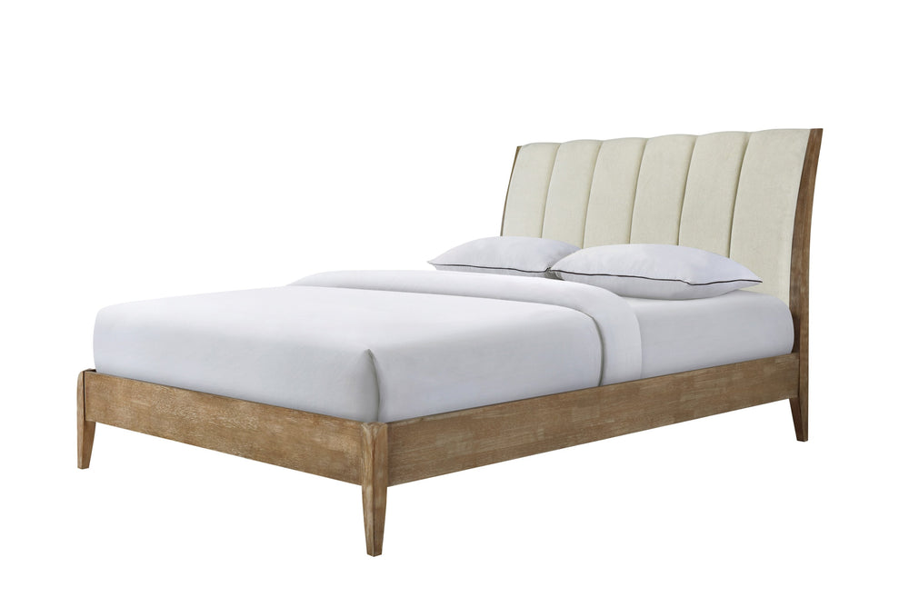 English Elm 1pc Modern Upholstered Queen Bed with Hickory Veneer, Touch LED Headboard, Plush Contemporary Design Beige 61 L x 30 W x 6.5 H B011S01863