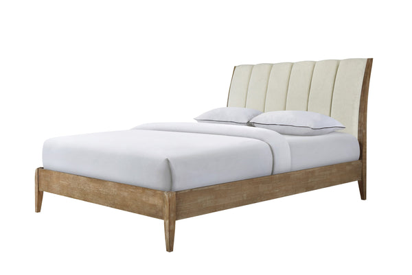 English Elm 1pc Modern Upholstered Queen Bed with Hickory Veneer, Touch LED Headboard, Plush Contemporary Design Beige 61 L x 30 W x 6.5 H B011S01863