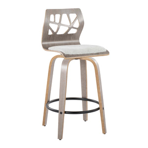 English Elm Folia 26" Contemporary Counter Stool Set of 2 — Swivel Padded Grey Fabric, Bent Wood Frame & Black Footrest B202S00268