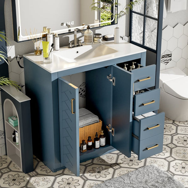 English Elm 36'' Bathroom Vanity with Ceramic Sink Combo Solid Wood Frame Soft-Closing Drawers Ample Storage Elegance Indigo N710P243327M