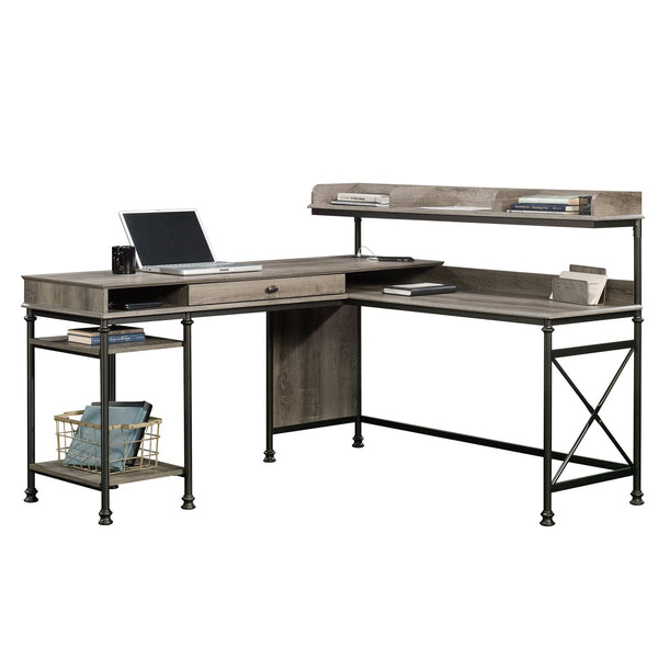 English Elm L-Shaped Desk In Warm Brown Finish - Stylish Corner Workspace With Ample Surface And Storage Options B356P402707
