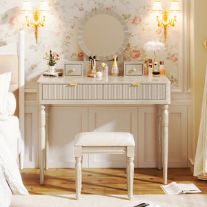 English Elm Luxury Vanity Desk with Sunflower Mirror, Height-Adjustable Makeup Table, 4 Drawers & Stool for Organized Glam Champagne N844P262897C
