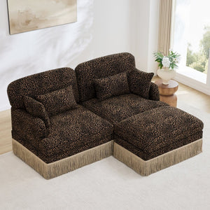 English Elm Comfy Chenille Leopard Print Loveseat with Tassel Trim Movable Ottoman Living Room Brown W5656S00011