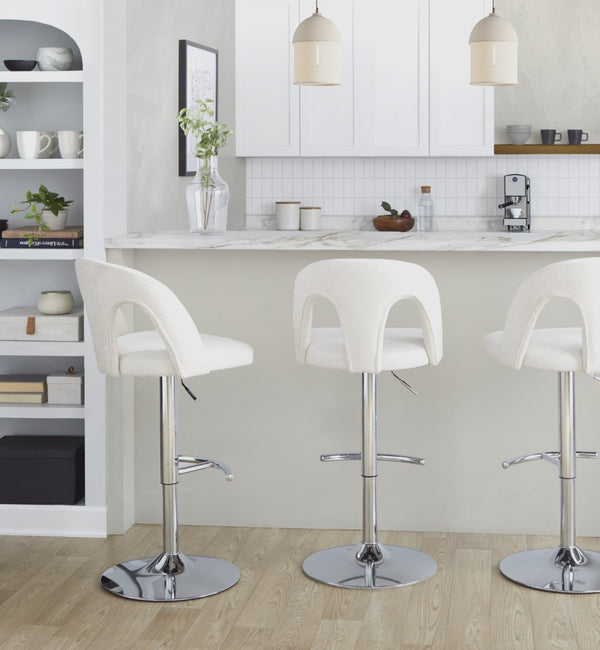English Elm Adjustable Swivel Barstools Set of 2 White Fabric Padded Seats Chrome Base B202S01953