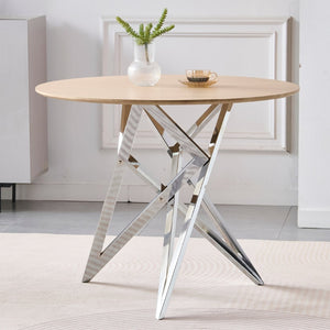 English Elm 37inch Round Dining Table Warm Wood Grain Top Silver Tripod Base Seats Four W3357P395501