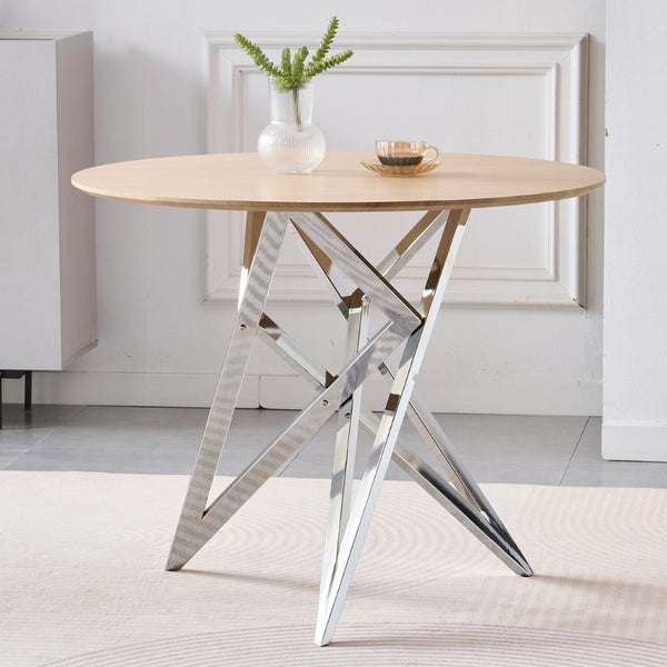 English Elm 37inch Round Dining Table Warm Wood Grain Top Silver Tripod Base Seats Four W3357P395501