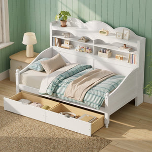 English Elm Twin Daybed Retro Wood Frame with Under Bed Drawers and Headboard Shelving White N733S415358K