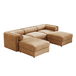 English Elm Elegant Camel Chenille Sofa With Storage & Ottoman - U-Shaped 3-Seater, Modern Comfort & Style W714S01229