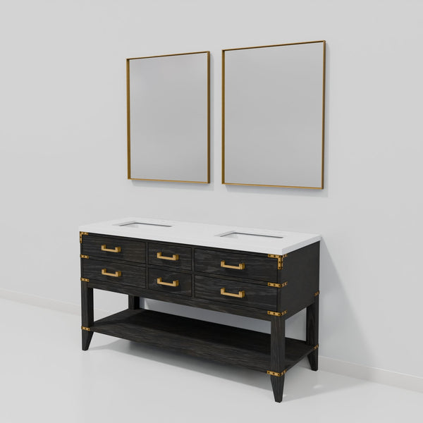 English Elm Black Oak Double Bath Vanity With White Quartz Top, Soft-Close Drawers & Matching Mirrors, 60"W B2731S02162