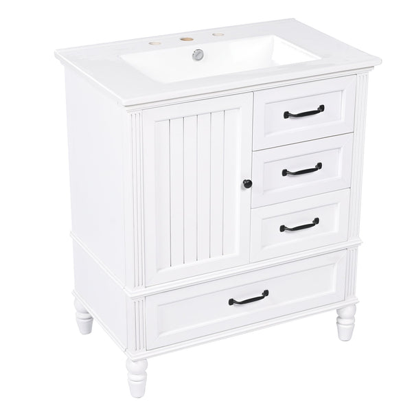 English Elm Christopher Knight Home® - 30" Bathroom Vanity with Ceramic Sink, Acacia & MDF Cabinet, Soft-Close Door & Drawers White N759P346895K