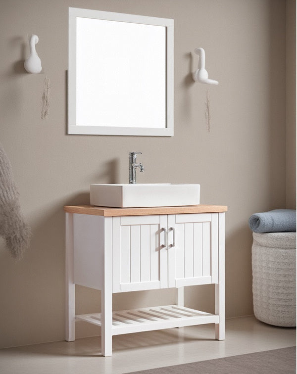 English Elm 32" Bathroom Vanity With Sink, Modern Solid Wood Cabinet For Small Spaces, Stylish Open Shelf Design W3151S00013