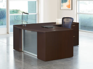 OSP Home Furnishings Napa Executive L-shape Desk with Tempered Glass Panel and Bow Front Work Surface Espresso NAPESP-TYP208G
