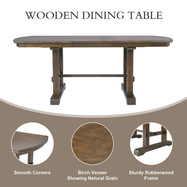English Elm 60"-78" Extendable Dining Table with Removable Leaf, Solid Wood Farmhouse Kitchen Table for 4-8 Guests, Durable Finish and Easy Care Guidance Brown N752P271802D
