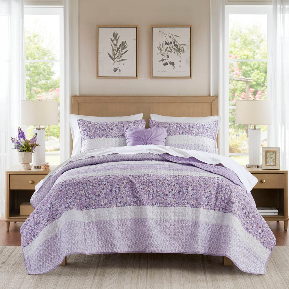 JLA Home Madison Park - 4 Seersucker Quilt Set with Throw and Botanical Pillows — Shabby Chic Floral Texture, Antimicrobial 90 L x 96 W x 0.25H MP13-8794