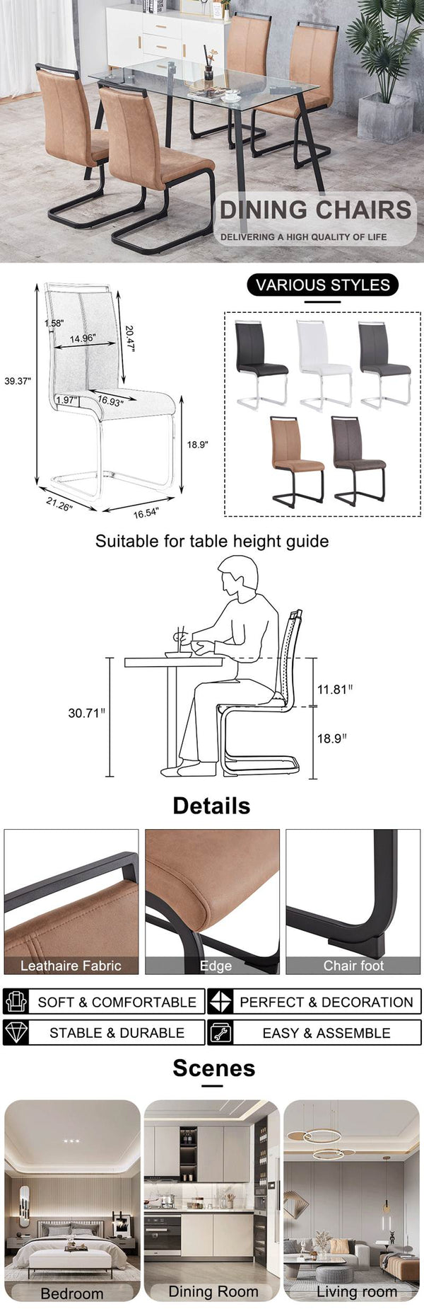 English Elm Dining Tech Cloth High Back Chairs Set of 2 — Ergonomic Curved Upholstered Seats, C‑Shape Black Legs, Brown W1151P367176