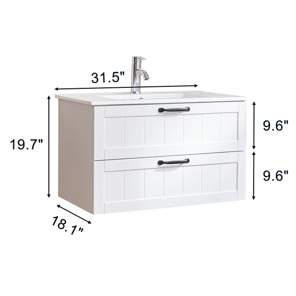 English Elm 31.5" Wall-Mounted Bathroom Vanity with Sink Combo, Large Soft-Close Drawers, Modern Decor Lines White W3151S00010