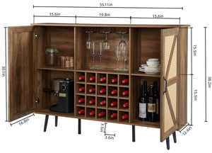 English Elm Oak Rustic Wine Cabinet with Faux Rattan Barn Doors, 20-Bottle Rack, Glass Holders, Adjustable Shelves W2702P183971