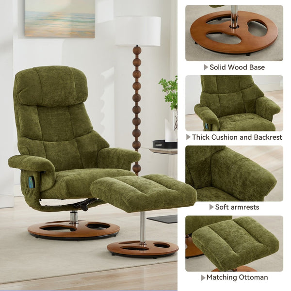 English Elm 069dr-ergonomic Swivel Recliner with Massage Heating Chenille Wingback Lounge Chair Green W527S00011