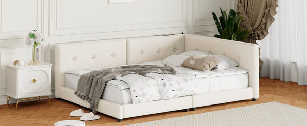 English Elm Upholstered Queen Platform Bed with Linen Cover, USB Ports, Clean Silhouette, Sturdy Wood Frame Beige GX000555AAA