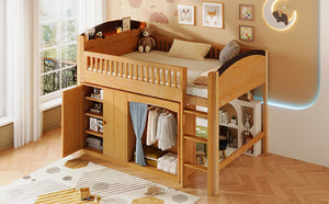 English Elm Twin Loft Bed with Wardrobe Cabinet Led Lighting and Pine Frame for Kids Rooms Wood N7090002235M