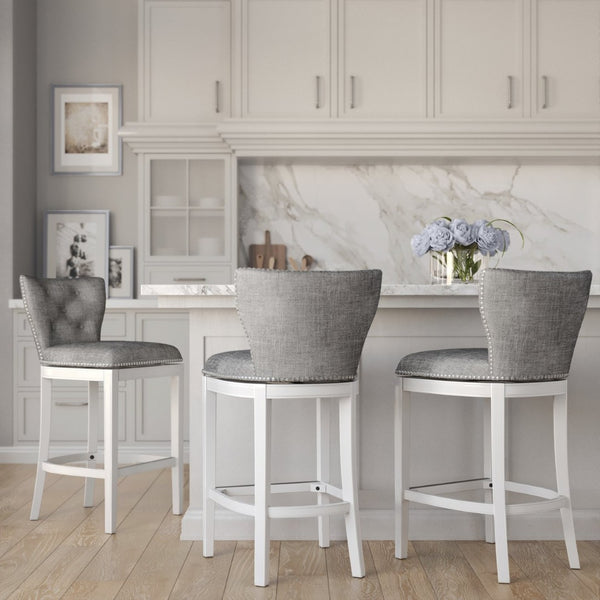 English Elm 26" Tufted Gray Upholstered Swivel Counterstool White Frame for Kitchen Islands B2751P436467