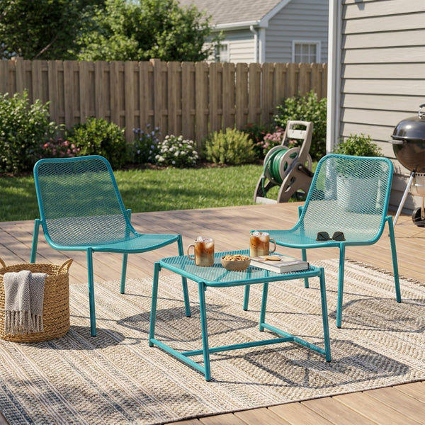 English Elm Kincaid Outdoor Iron Mesh Conversation Set Rust Resistant Patio Chairs with Side Table Teal N775P392159T