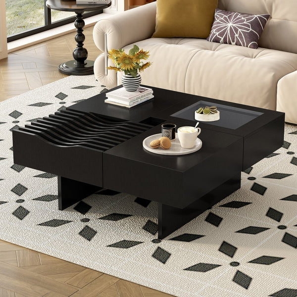English Elm VIBE Mid Century Square Coffee Table with Tempered Glass Display, 3 Drawers, Solid Wood Craftsmanship Black N724P270432B