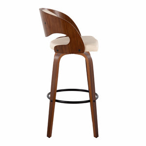 English Elm Fixed-height Swivel Barstools with Walnut Bentwood Legs and Cream Upholstered Seats Set B202S01930