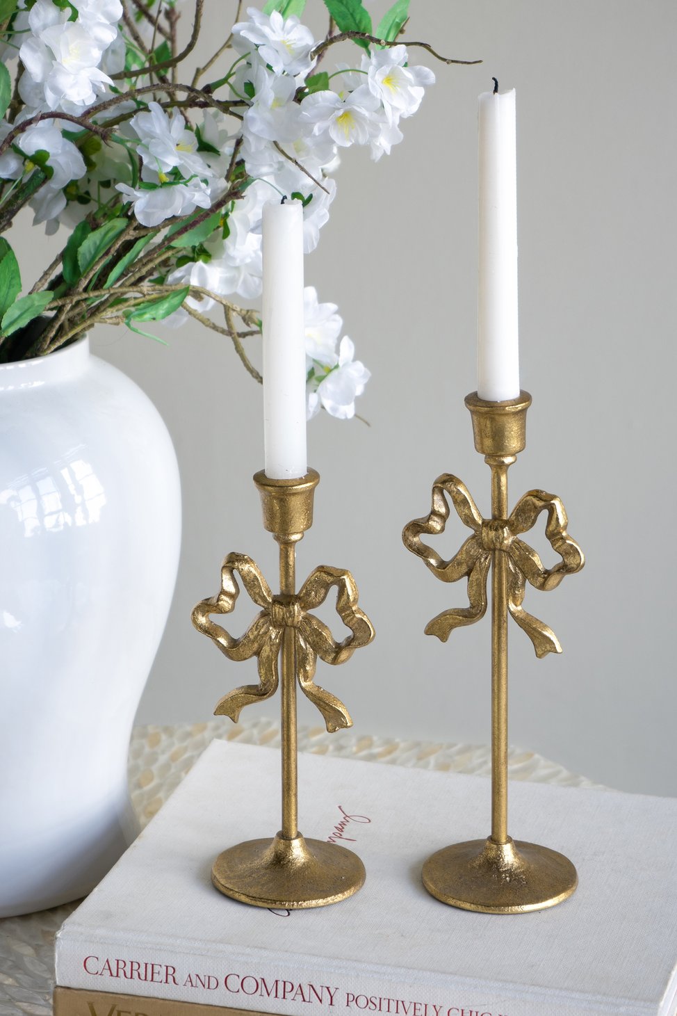 English Elm S/2 Elegant Gold Cast Iron Candle Holders with Bow Accent, Vintage European Style, Sturdy Pedestal Duo illuminating ambiance and charm W2078P359433