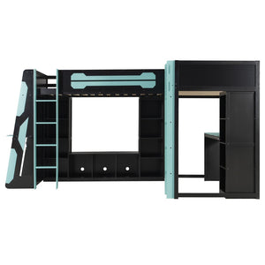 English Elm L-shaped Gaming Loft Bunk Bed Twin Wood Frame Rgb Lighting Usb Ports Storage Shelves Blue LT000295AAC