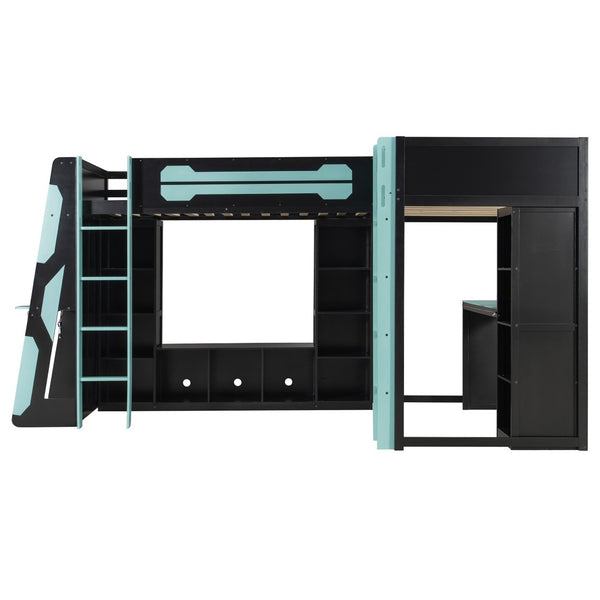 English Elm L-shaped Gaming Loft Bunk Bed Twin Wood Frame Rgb Lighting Usb Ports Storage Shelves Blue LT000295AAC