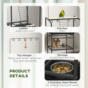 English Elm PawHut Mobile Parrot Play Stand with Wheels, 3 Perches, Stainless Bowls, Pull-Out Tray & Toy Hanger W2225P173754