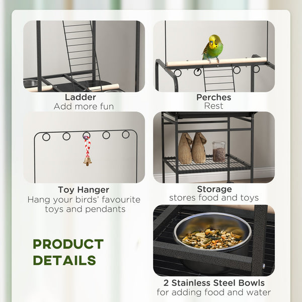 English Elm PawHut Mobile Parrot Play Stand with Wheels, 3 Perches, Stainless Bowls, Pull-Out Tray & Toy Hanger W2225P173754