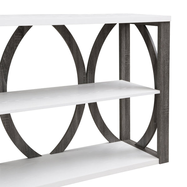 English Elm 3-Tier Industrial Console Table with Circular Frame Design, 70.87" Long Narrow Entry Shelf for Hallway White+gray W2317P230074