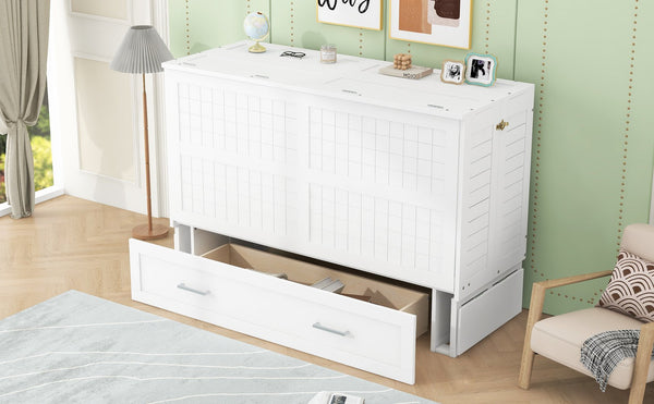 English Elm Queen Mobile Murphy Bed with Drawers & Side Shelves, White Fold-Up Queen Wall Bed for Guests SM000317AAK