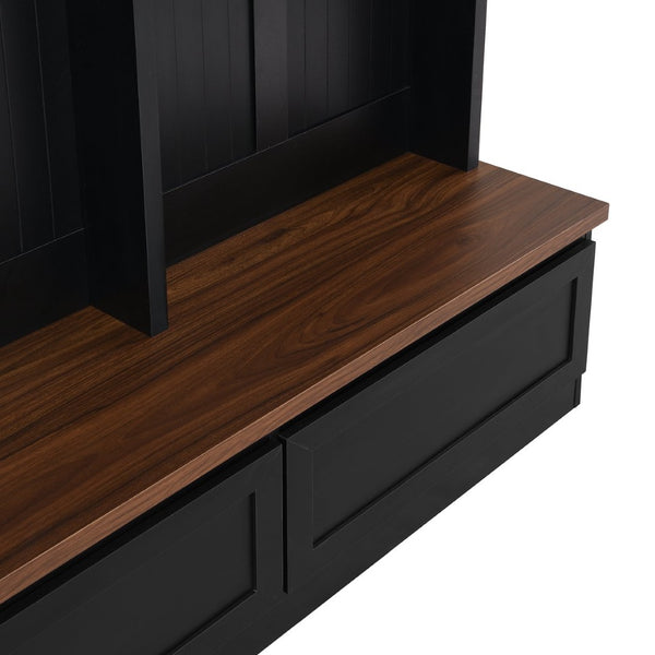 English Elm Rattan Door Hall Tree Bench with 6 Hooks Farmhouse Entryway Storage Black + Dark Walnut N721S000076B