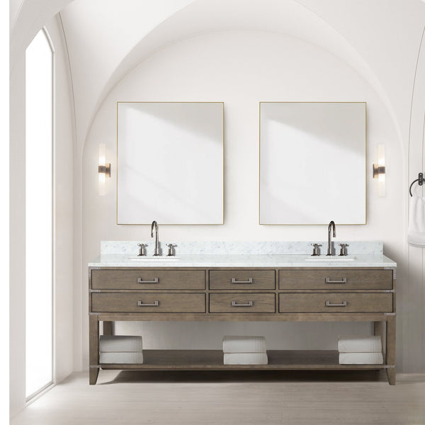 English Elm Grey Oak Double Bath Vanity With Carrara Marble Top, Polished Chrome Faucet, And Ample Storage B2731P260385
