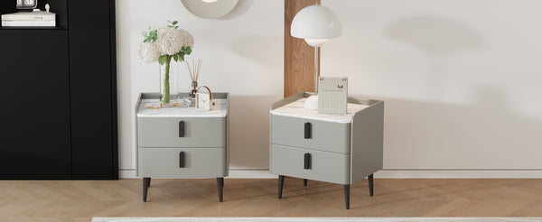 English Elm Nightstands with Marble-Pattern Top and Raised Guard, 2-Drawer Modern Bedside Tables for Storage Elegance Gray 23.4 L x 18.5 W x 9.06 H N733S332142E