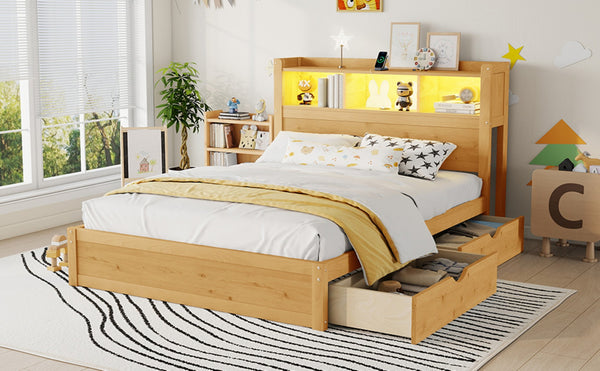 English Elm Twin Wood Storage Bed with Led Headboard Drawers and Pull Out Cabinet for Kids Natural W2593S00051