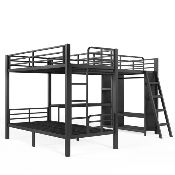 English Elm L-shaped Triple Bunk Bed with Desk Wardrobe Metal Frame for Teen Shared Rooms W5305S00003