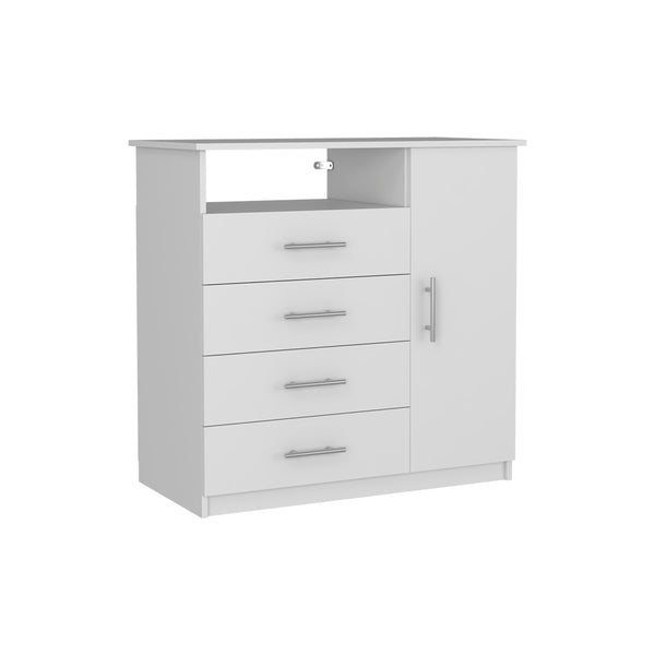 English Elm 4 Drawer Dresser with Open Shelf and Single Door Cabinet, Engineered Wood, Spacious Storage Appeal White 37 L x 20 W x 5 H B097S00108