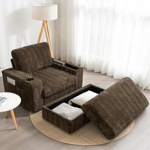 English Elm 42" Oversized Chaise Lounge with Plush Faux Rabbit Fur, Hidden Arm Storage, Cup Holder, Convertible Sleeper Brown N723P232726D