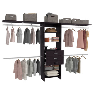 English Elm Plego Adjustable 69"–118" Closet System in Black Wengue with 5 Shelves, 4 Rods & 3 Drawers - MDF B200S00420