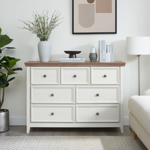 English Elm Modern 7 Drawers Cabinet with Smooth Glide Drawers, Metal Handles & Unique Feet—Slim Farmhouse Storage Tall Chest W2275P233489