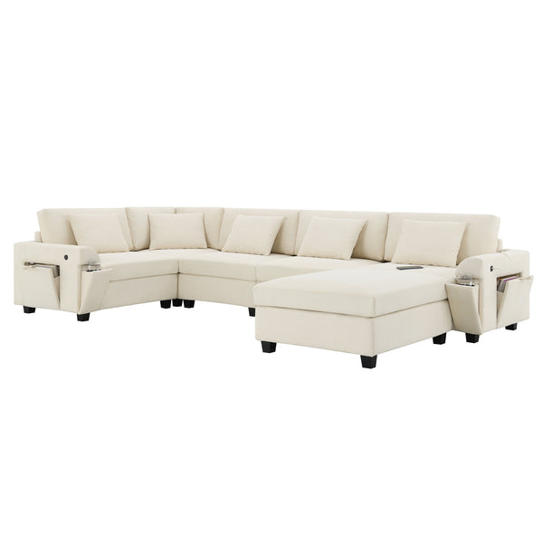 English Elm 128*67" U Shaped Sectional Sofa with Movable Ottoman, Hidden Armrest Storage, Cup Holders & USB Ports Off White N723S0192A
